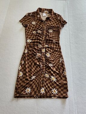 Brown Daisy Check Button-Front Dress Size Xsmall